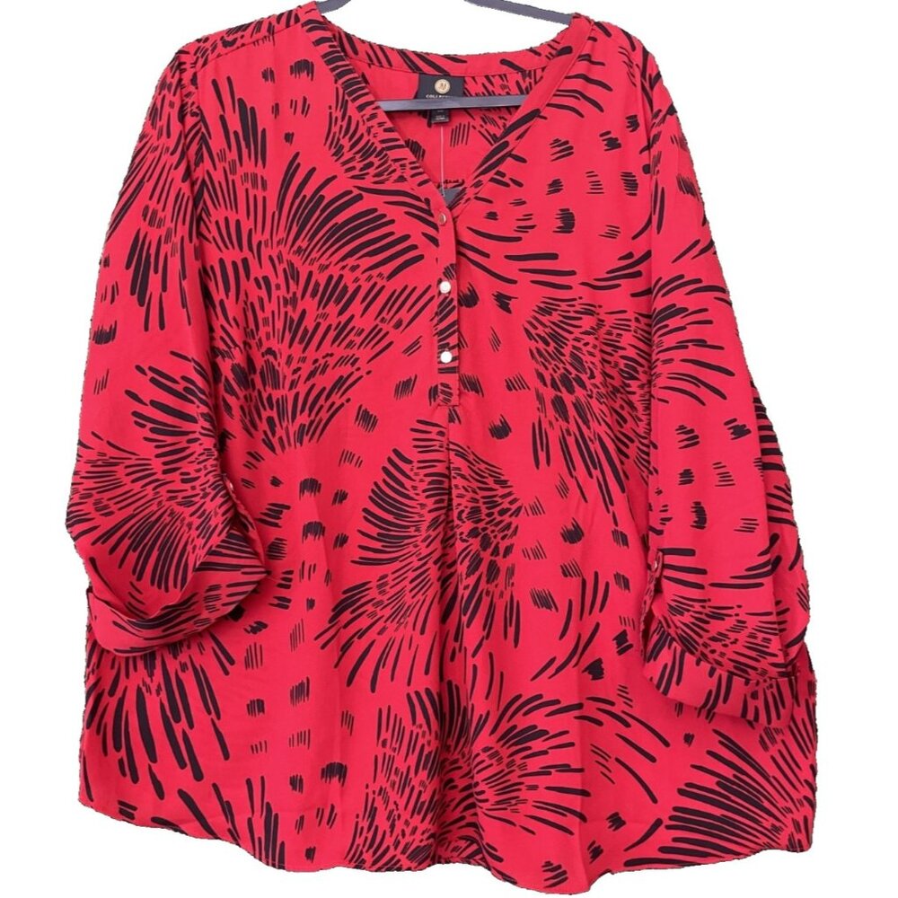 JM Collection Blouse Women's Size 2XL Red Black Business Career NWT Button